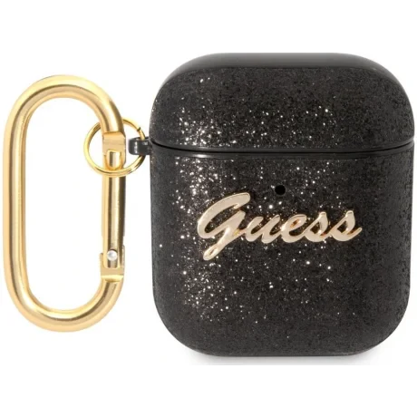 Husa Guess Glitter Flakes Metal Logo pentru Airpods 1/2 Black
