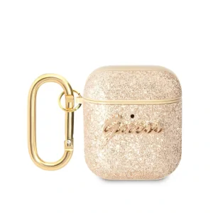 Husa Guess Glitter Flakes Metal Logo pentru Airpods 1/2 Gold