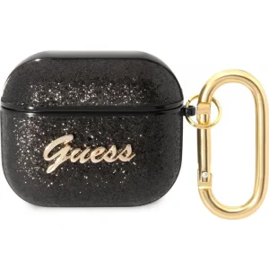 Husa Guess Glitter Flakes Metal Logo pentru Airpods 3 Black
