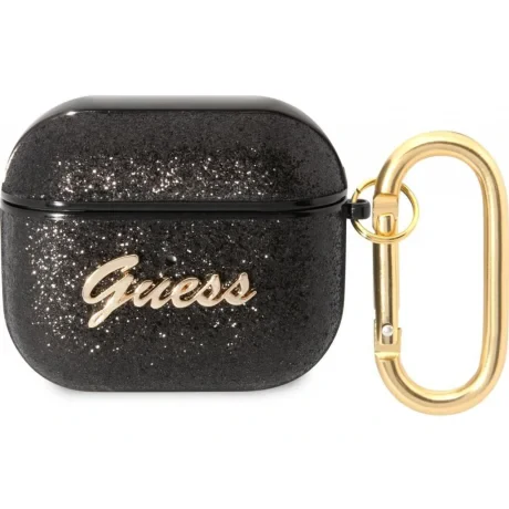 Husa Guess Glitter Flakes Metal Logo pentru Airpods 3 Black
