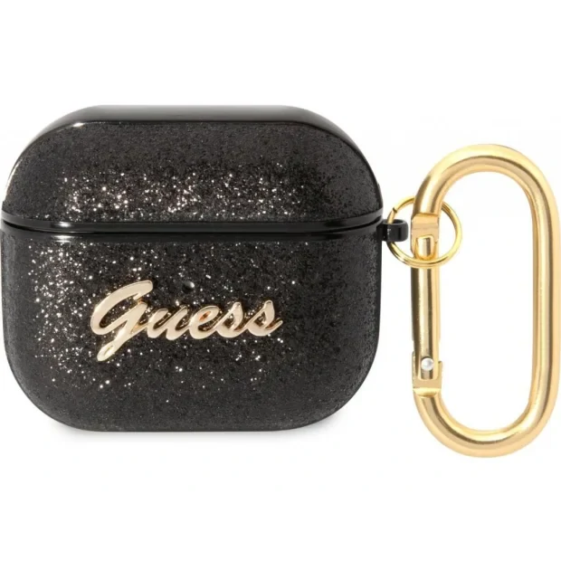 Husa Guess Glitter Flakes Metal Logo pentru Airpods 3 Black