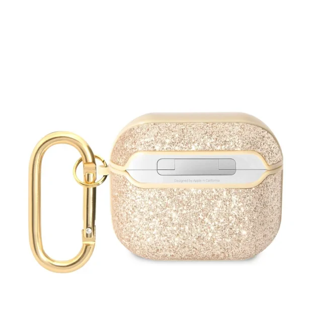 Husa Guess Glitter Flakes Metal Logo pentru Airpods 3 Gold