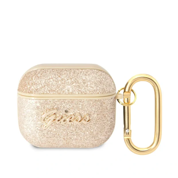 Husa Guess Glitter Flakes Metal Logo pentru Airpods 3 Gold