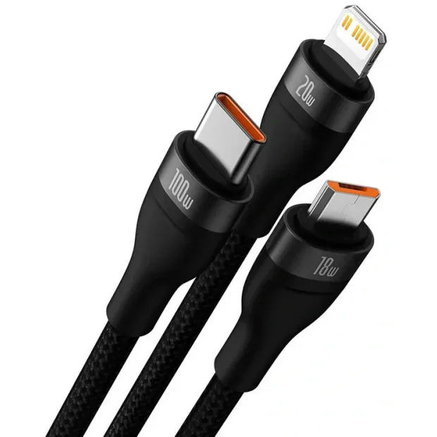 Cablu Date Baseus 3 in 1 Type-C to Lightning, MicroUsb 100W 1.5 m CASS030201 Negru