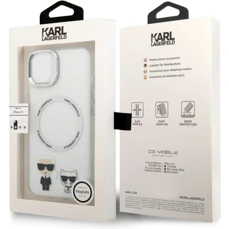 Husa Cover Karl Lagerfeld Magsafe cu Ring Karl&amp;Choupette Bodies LOGO pentru iPhone 13 Transparent