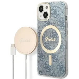 Husa Cover Guess 4G Print Magsafe + Wireless Charger pentru iPhone 14 Blue