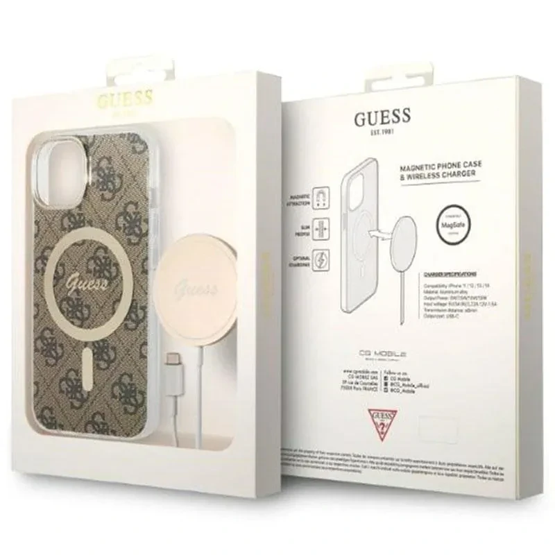 Husa Cover Guess 4G Print Magsafe + Wireless Charger pentru iPhone 14 Brown thumb