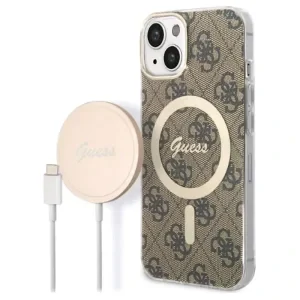 Husa Cover Guess 4G Print Magsafe + Wireless Charger pentru iPhone 14 Brown