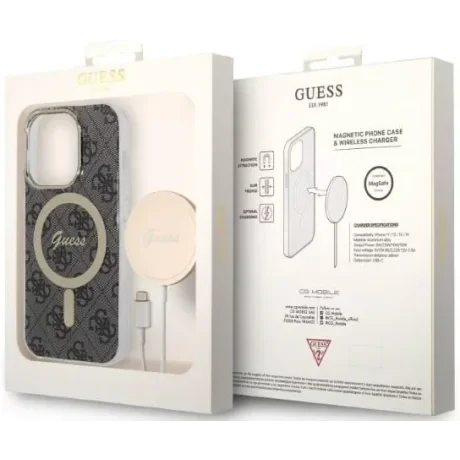 Husa Cover Guess 4G Print Magsafe + Wireless Charger pentru iPhone 14 Pro Black