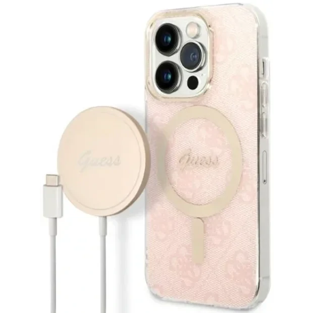 Husa Cover Guess 4G Print Magsafe + Wireless Charger pentru iPhone 14 Pro Pink