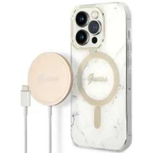 Husa Cover Guess 4G Print Magsafe + Wireless Charger pentru iPhone 14 Plus Alb