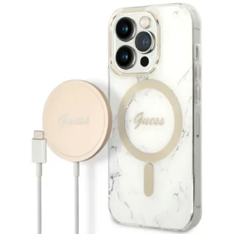 Husa Cover Guess 4G Print Magsafe + Wireless Charger pentru iPhone 14 Plus Alb