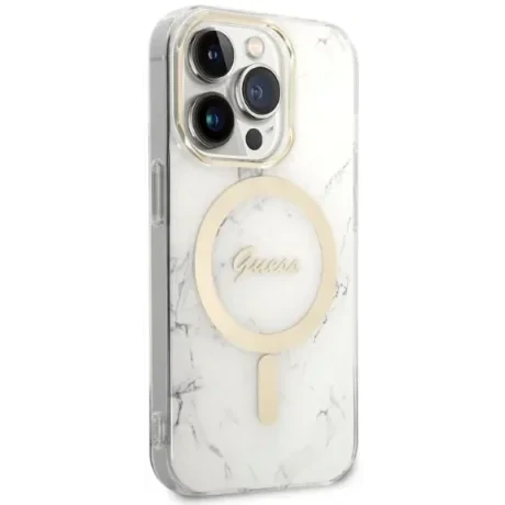Husa Cover Guess 4G Print Magsafe + Wireless Charger pentru iPhone 14 Plus Alb