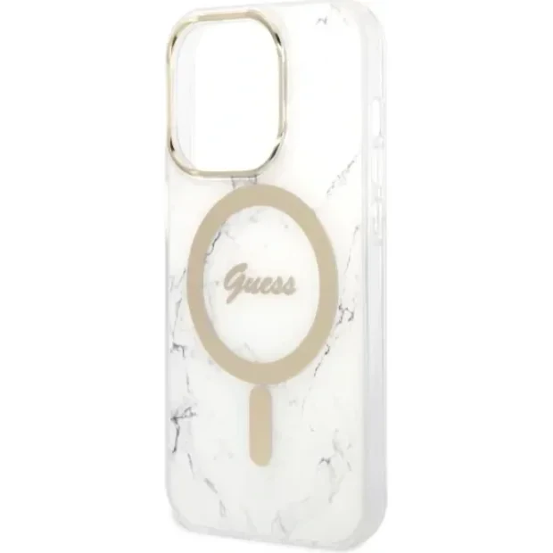 Husa Cover Guess 4G Print Magsafe + Wireless Charger pentru iPhone 14 Plus Alb