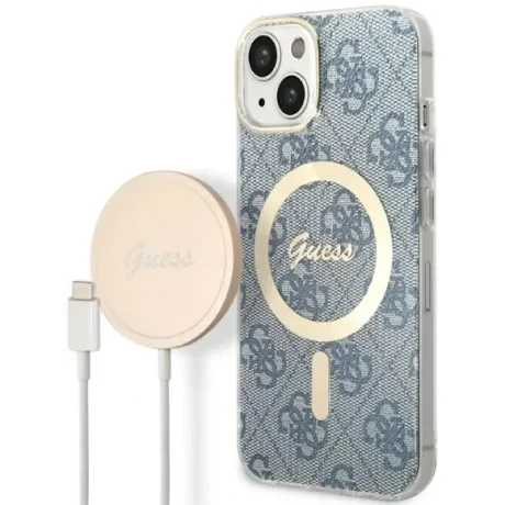 Husa Cover Guess 4G Print Magsafe + Wireless Charger pentru iPhone 14 Plus Blue