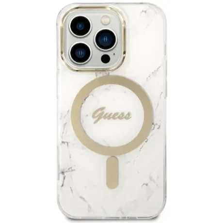 Husa Cover Guess 4G Print Magsafe + Wireless Charger pentru iPhone 14 Pro Alb