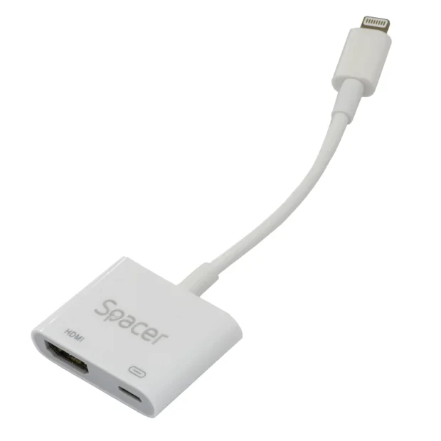 Adaptor Lightning (T) la HDMI (T) + PD lighning, 18cm, rezolutie maxima FULL HD (1920 x 1080) la 30Hz, conecteaza iPhone la TV si alimenteaza in acelasi timp, alb, &quot;SPDS-Light-HL-2in1&quot; (include TV 0.18 lei)