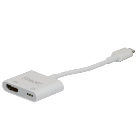 Adaptor Lightning (T) la HDMI (T) + PD lighning, 18cm, rezolutie maxima FULL HD (1920 x 1080) la 30Hz, conecteaza iPhone la TV si alimenteaza in acelasi timp, alb, &quot;SPDS-Light-HL-2in1&quot; (include TV 0.18 lei)