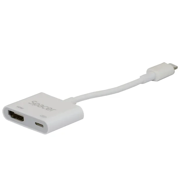 Adaptor Lightning (T) la HDMI (T) + PD lighning, 18cm, rezolutie maxima FULL HD (1920 x 1080) la 30Hz, conecteaza iPhone la TV si alimenteaza in acelasi timp, alb, &quot;SPDS-Light-HL-2in1&quot; (include TV 0.18 lei)