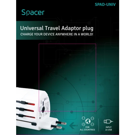 ADAPTOR universal SPACER, pt. calatorii, Schuko x 1, conectare Socket Universal (T), USB x 2,   10 A, alb, &quot;SPAD-UNIV&quot;/45505994 (include TV 0.8lei)