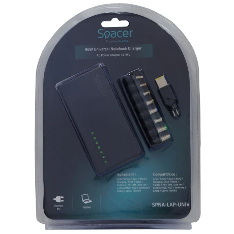 ALIMENTATOR Notebook Universal AC-DC, SPACER, 96W - compatibil cu majoritatea NB, 9 tipuri de mufe, protectie suplimentara, DC12/16/18/19/20/24V, &quot;SPNA-LAP-UNIV&quot; (include TV 0.8lei)
