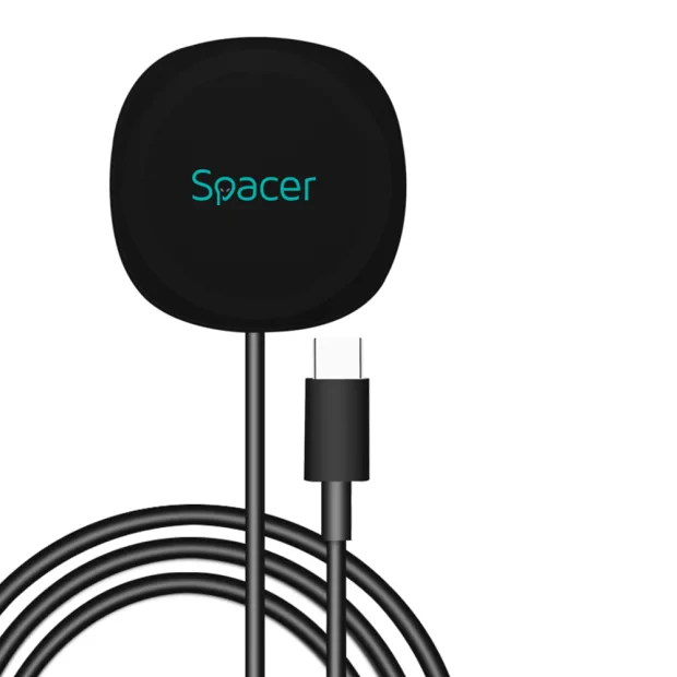ALIMENTATOR wireless SPACER, Quick Charge 15W Qi, conector Type-C, rol de stand prin prindere magnetica, negru &quot;SPAR-WCHGQ-02&quot;