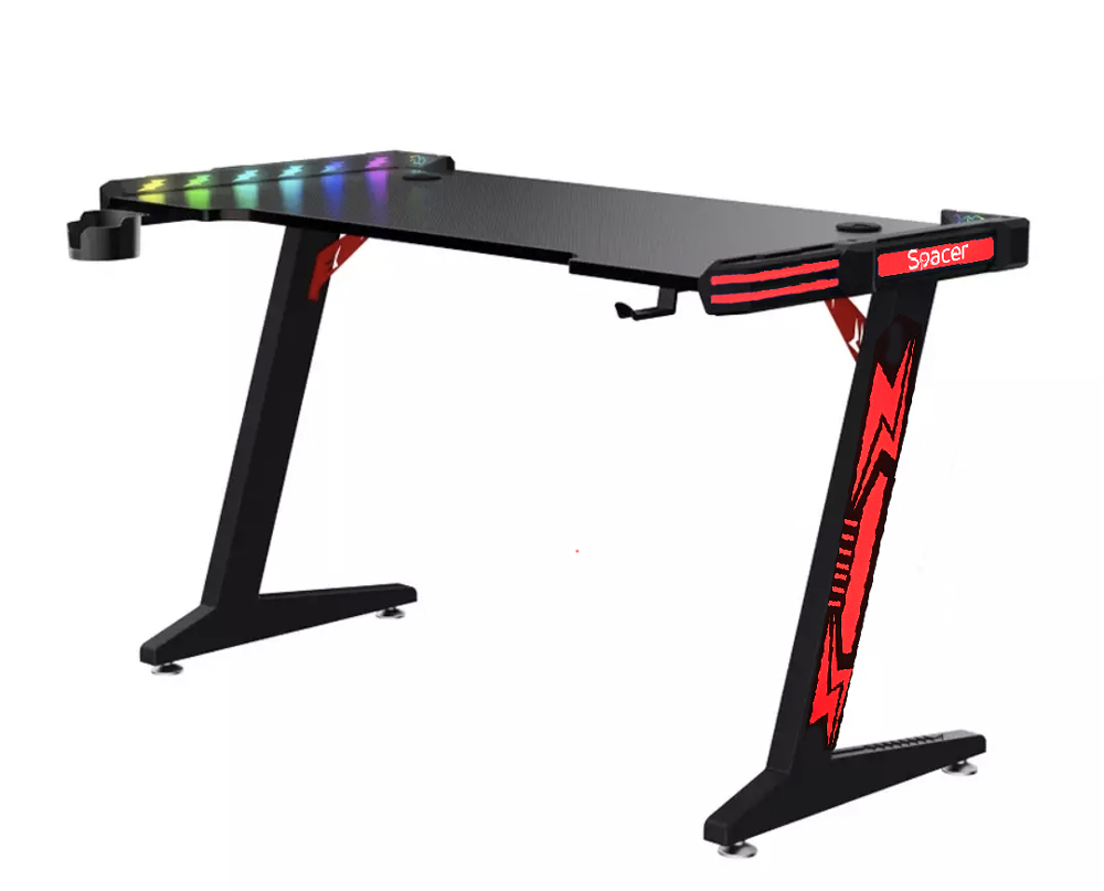 BIROU GAMING Spacer, dimensiuni 1400 x 600 x 18 mm, blat MDF invelit in fibra de carbon, suport casti, suport cana/pahar, picioare reglabile manual, RGB, telecomanda wireless "SPGD-RGB-140-01" thumb