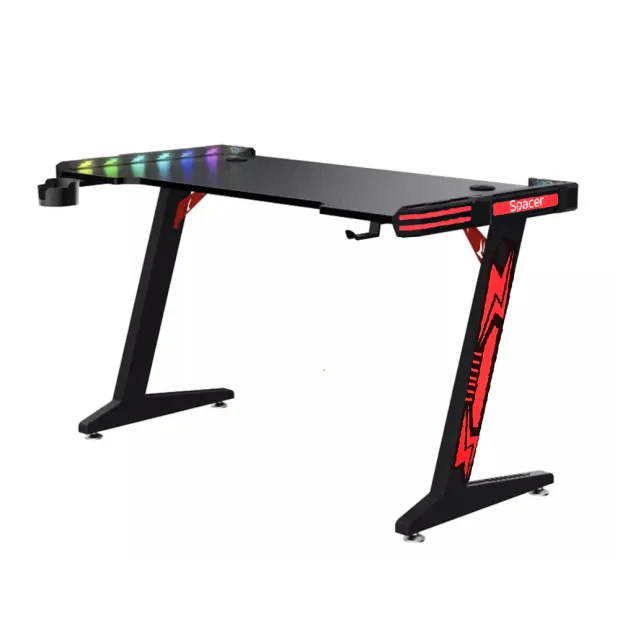 BIROU GAMING Spacer, dimensiuni 1400 x 600 x 18 mm, blat MDF invelit in fibra de carbon, suport casti, suport cana/pahar, picioare reglabile manual, RGB, telecomanda wireless &quot;SPGD-RGB-140-01&quot;
