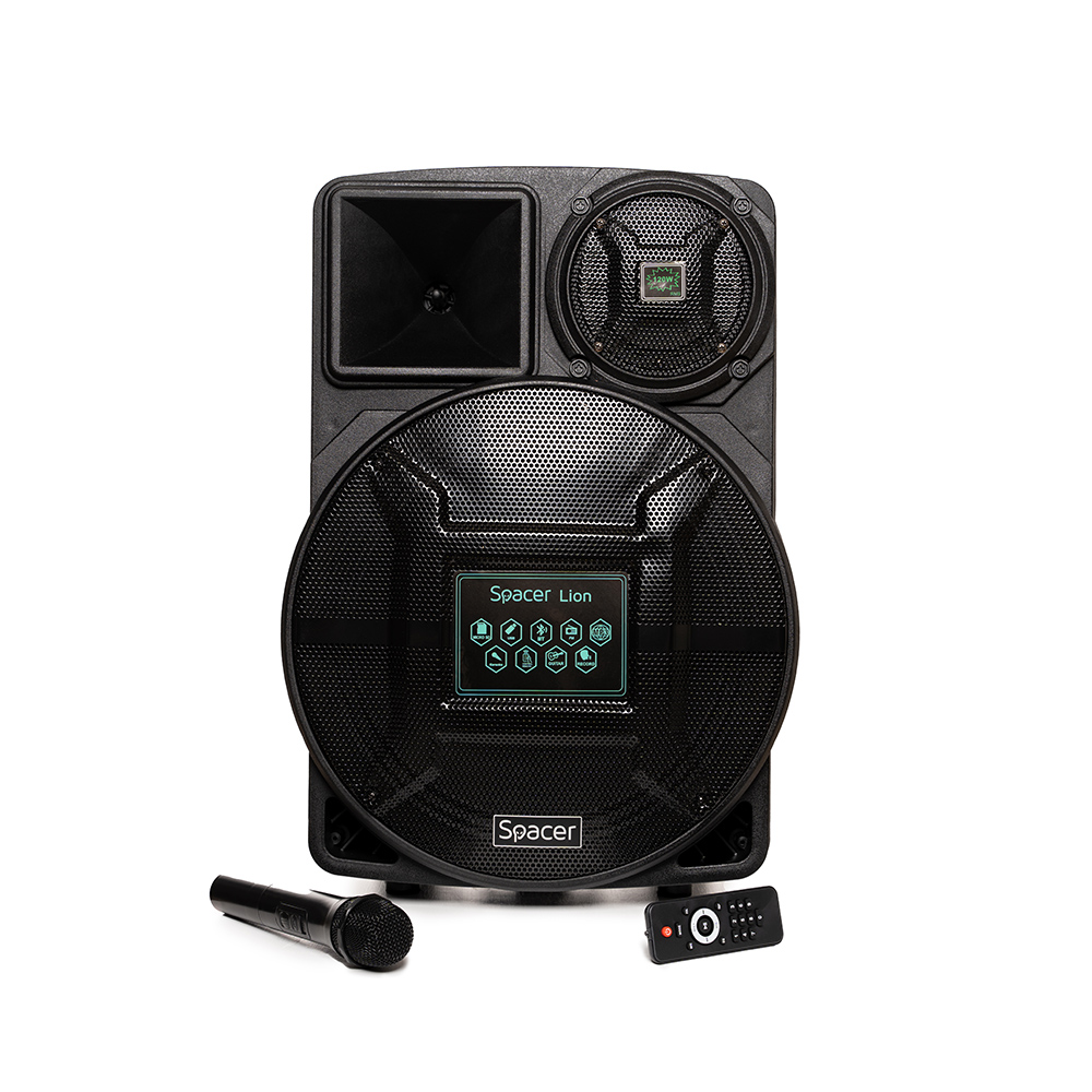 BOXA SPACER portabila bluetooth LION, tip troler, RMS: 120W, 15" woofer, acumulator 4.5A, input : AUX audio, guitar, USB/microSD, remote control, wireless microphone, black, "SPB-A25-BT"/43501939  (include TV 10 lei) thumb