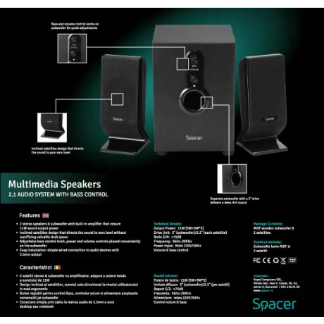 BOXE SPACER 2.1, RMS: 11W (2 x 3W + 5W), control volum, bass, 220V alimentare, black, &quot;SPB-2200&quot; (include TV 1.75lei)  261900