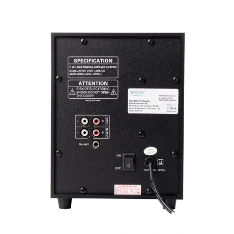 BOXE SPACER 2.1, RMS: 20W (2 x 5W + 10W), control volum, bass, subwoofer lemn MDF, 220V alimentare, USB/FM/RCA, black, &quot;SPSK-21BT-LONDON&quot; (include TV 3.5lei)