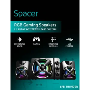 BOXE SPACER Gaming 2.1, RMS: 11W (2 x 3W + 5W), control volum, bass si inalte, subwoofer lemn MDF, 14 x LED, USB power, black, &quot;SPB-THUNDER&quot; (include TV 1.75lei) 43501938