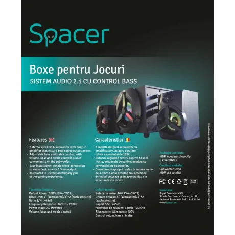 BOXE SPACER Gaming 2.1, RMS: 16W (2 x 3W + 10W), control volum, bass, subwoofer lemn MDF, 220V alimentare, 14 x LED, black, "SPB-HURRICANE"   (include TV 3.5lei)