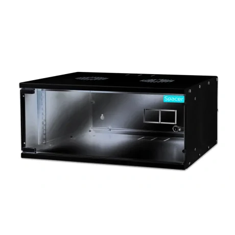 CABINET 19&quot; SPACER   4U, fixare pe perete, Flatpack (dezasamblat),  Black, 225 (h) x 515 (w) x 400 (d) mm, usa sticla cu blocare, otel 1.5mm, sarcina maxima 100Kg, &quot;SPCW-4U-BK&quot;