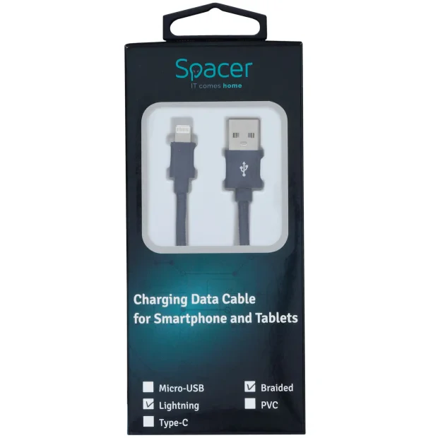 CABLU alimentare si date SPACER, pt. smartphone, USB 2.0 (T) la Lightning (T), pentru Iphone, braided,Retail pack, 1.8m, black,&amp;nbsp; &quot;SPDC-LIGHT-BRD-BK-1.8&quot;