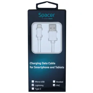 CABLU alimentare si date SPACER, pt. smartphone, USB 2.0 (T) la Lightning (T), pentru Iphone,PVC,Retail pack, 0.5m, White,&amp;nbsp; &quot;SPDC-LIGHT-PVC-W-0.5&quot;