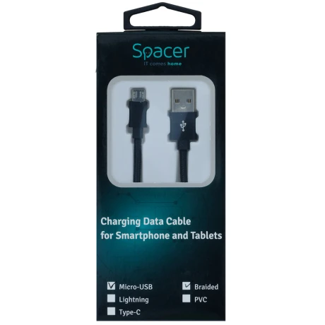 CABLU alimentare si date SPACER, pt. smartphone, USB 2.0 (T) la Micro-USB 2.0 (T), braided,,Retail pack, 1.8m, black,&amp;nbsp; &quot;SPDC-MICRO-BRD-BK-1.8&quot;