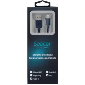 CABLU alimentare si date SPACER, pt. smartphone, USB 3.0 (T) la Type-C (T), PVC,2.1A,Retail pack, 1m, black, &quot;SPDC-TYPEC-PVC-BK-1.0&quot;