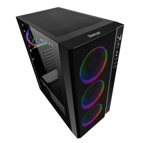 CARCASA  SPACER - gaming, Middle Tower, ATX, "RAINBOW", fara sursa, sticla securizata, 4 x fan, USB 2.0 x 2, USB 3.0 x 1, mesh, fan controller (inclusiv RGB), telecomanda, "SPCS-GC-RAINBOW"