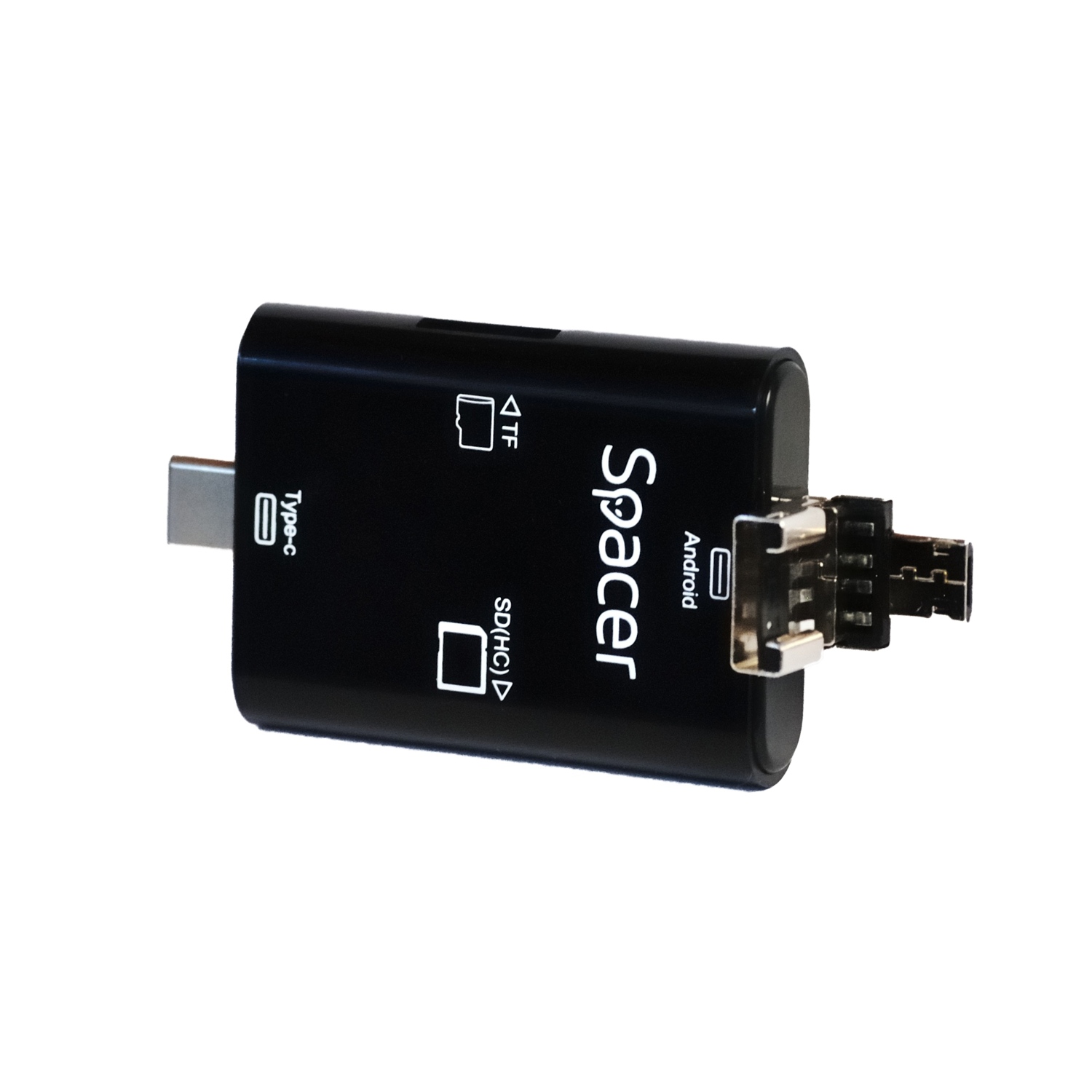 CARD READER extern SPACER, 3 in 1, interfata USB 2.0, USB Type C, Micro-USB, citeste/scrie: SD, micro SD; adaptor USB Type C la USB sau Micro-USB; plastic, negru, "SPCR-309"  (include TV 0.18 lei) thumb