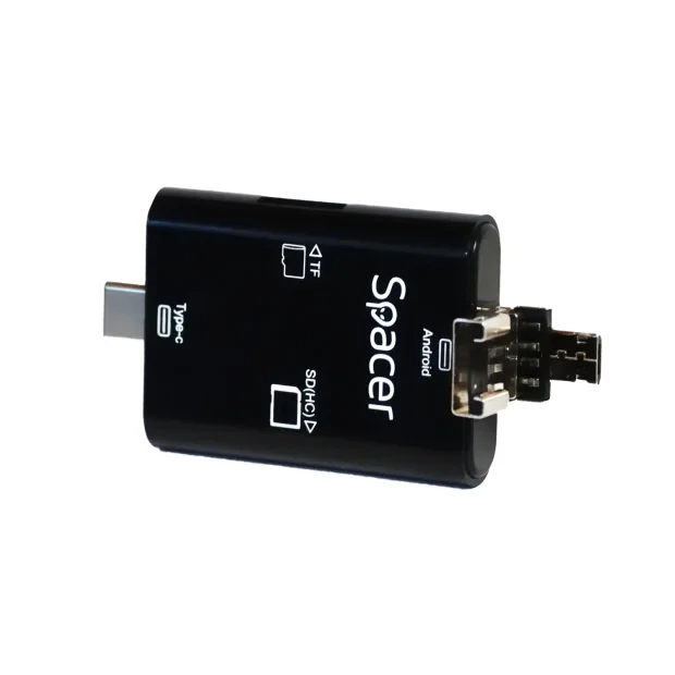 CARD READER extern SPACER, 3 in 1, interfata USB 2.0, USB Type C, Micro-USB, citeste/scrie: SD, micro SD; adaptor USB Type C la USB sau Micro-USB; plastic, negru, &quot;SPCR-309&quot;  (include TV 0.18 lei)