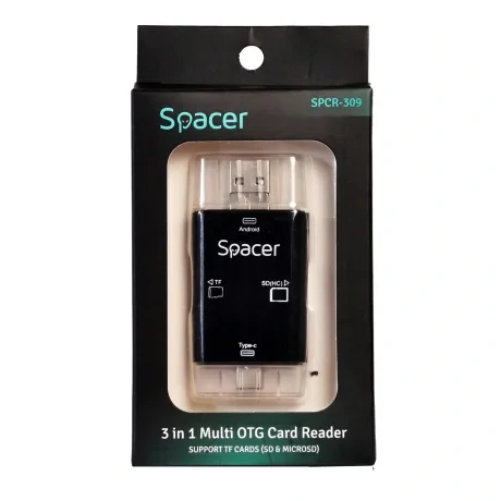 CARD READER extern SPACER, 3 in 1, interfata USB 2.0, USB Type C, Micro-USB, citeste/scrie: SD, micro SD; adaptor USB Type C la USB sau Micro-USB; plastic, negru, &quot;SPCR-309&quot;  (include TV 0.18 lei)