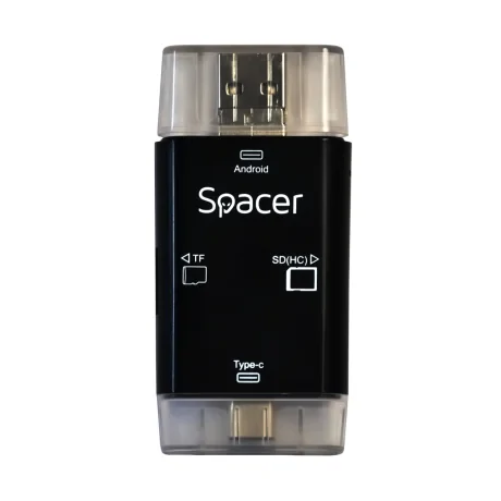CARD READER extern SPACER, 3 in 1, interfata USB 2.0, USB Type C, Micro-USB, citeste/scrie: SD, micro SD; adaptor USB Type C la USB sau Micro-USB; plastic, negru, &quot;SPCR-309&quot;  (include TV 0.18 lei)