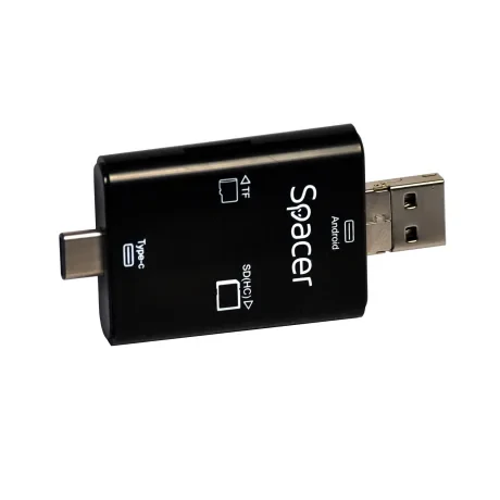 CARD READER extern SPACER, 3 in 1, interfata USB 2.0, USB Type C, Micro-USB, citeste/scrie: SD, micro SD; adaptor USB Type C la USB sau Micro-USB; plastic, negru, &quot;SPCR-309&quot;  (include TV 0.18 lei)