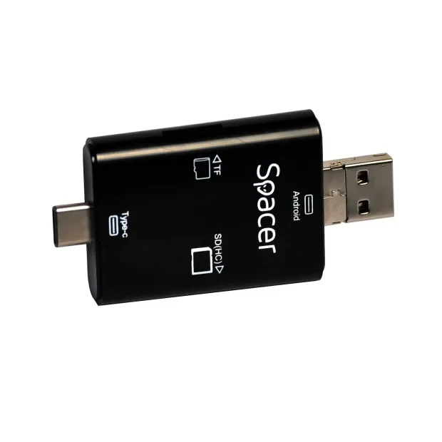 CARD READER extern SPACER, 3 in 1, interfata USB 2.0, USB Type C, Micro-USB, citeste/scrie: SD, micro SD; adaptor USB Type C la USB sau Micro-USB; plastic, negru, &quot;SPCR-309&quot;  (include TV 0.18 lei)