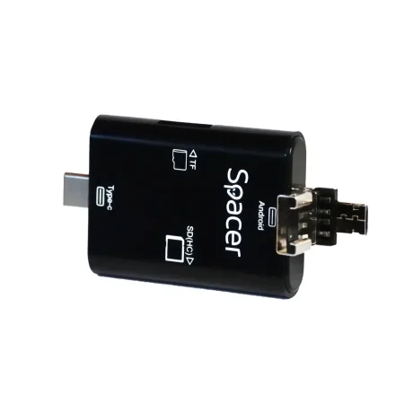 CARD READER extern SPACER, 3 in 1, interfata USB 2.0, USB Type C, Micro-USB, citeste/scrie: SD, micro SD; adaptor USB Type C la USB sau Micro-USB; plastic, negru, &quot;SPCR-309&quot;  (include TV 0.18 lei)