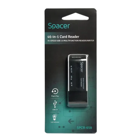 CARD READER extern SPACER, interfata USB 2.0, citeste/scrie: SD, microSD, XS, SM; plastic, black &quot;SPCR-658&quot;