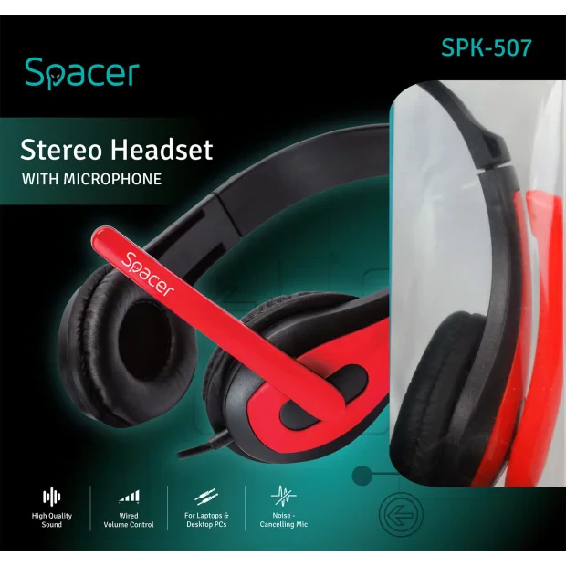 CASTI  Spacer, cu fir, standard, utilizare multimedia, microfon pe brat, conectare prin Jack 3.5 mm x 2, negru / rosu, &quot;SPK-507&quot;,