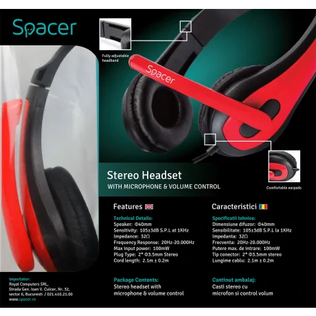 CASTI  Spacer, cu fir, standard, utilizare multimedia, microfon pe brat, conectare prin Jack 3.5 mm x 2, negru / rosu, &quot;SPK-507&quot;,