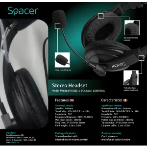 CASTI  Spacer, cu fir, standard, utilizare multimedia, microfon pe brat, conectare prin Jack 3.5 mm x 2, negru, &quot;SPK-222&quot;,